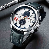CURREN 8324 Leather Sport Quartz Chronograph Watch for Men-Blue And White