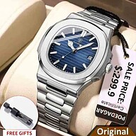 POEDAGAR 613 Luxury Stainless Steel Square Quartz Men's Watch- Silver and Blue
