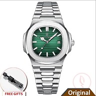 POEDAGAR 613 Luxury Stainless Steel Square Quartz Men's Watch- Silver and Green