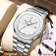 POEDAGAR 613 Luxury Stainless Steel Square Quartz Men's Watch- Silver and White