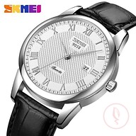 SKMEI 9058 Leather Quartz Fashion Watch Men's For- Black and White