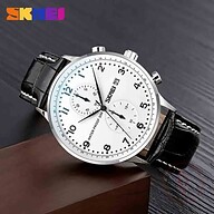 Skmei 9301 Leather Quartz Fashion Watch Men's For- Black And White